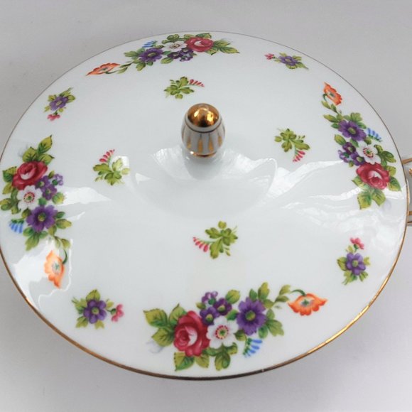 Sango China Covered Bowl Toureen 10" Japan Dresden Flowers Bouquet Gold VTG Mint - Picture 3 of 10